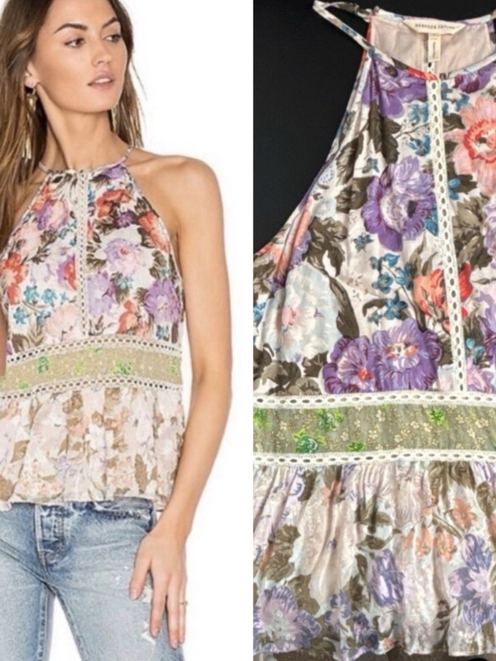 Rebecca Taylor Floral Halter Chiffon Blouse Lace Ruffle Embroidered Coquette